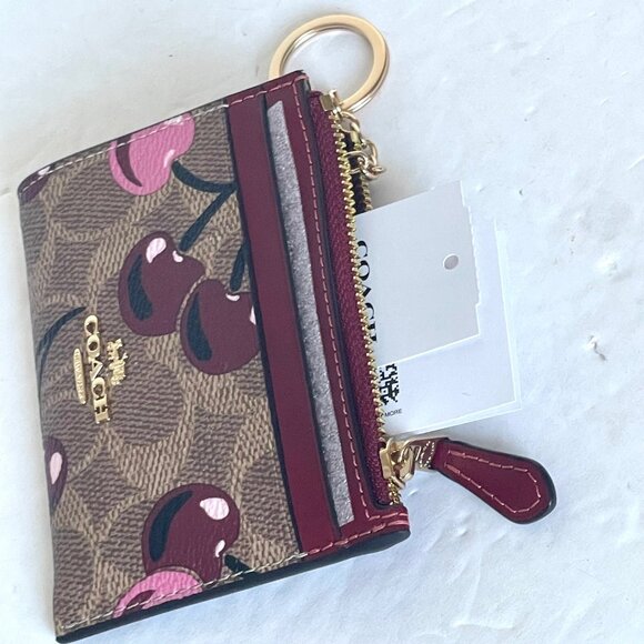 Coach Mini Skinny ID Wallet Cherry Red CZ462 Keyring Signature Brown Canvas - Picture 6 of 8